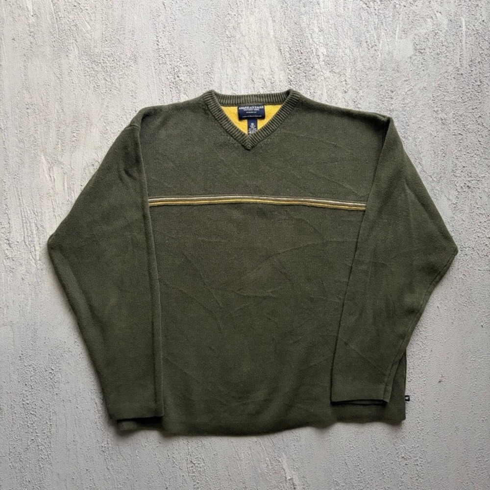Vintage American Eagle Sweater XL Green 2000s Y2K V-Neck Striped Knit